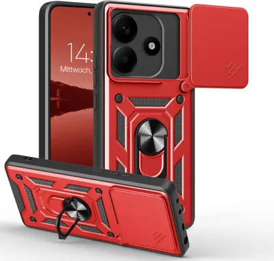 A red and black rugged phone case with a camera cover and a ring stand is shown from multiple angles.