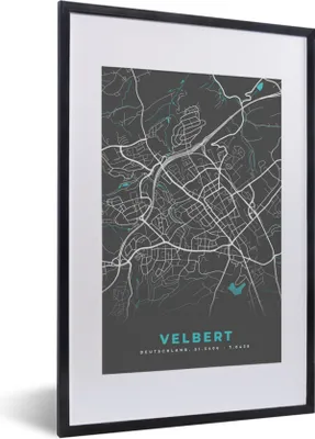 Produktbild von MuchoWow® Gerahmtes Poster Karte - Velbert - Blau - Stadtplan - Deutschland 40x60 cm - Poster mit Schwarzem Bilderrahmen Wandposter Rahmen Foto Bilder - Poster in Rahmen