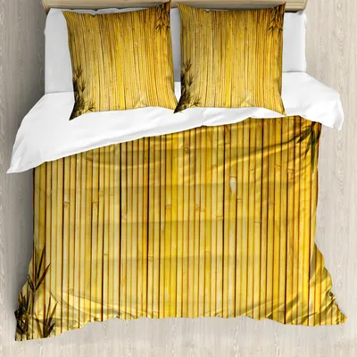 Produktbild von ABAKUHAUS Bambus Bettbezug Set, Stängel Blätter Orientalische Natur Holz Bild Natürlichen Zen Asiatischen Wildernis Thema, 200 x 200 cm + 80 x 80 cm, Gelb