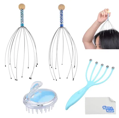 Image de Kit de massage du cuir chevelu - 2 grattoirs pour le cuir chevelu, 1 masseur à billes et 1 brosse-massage pour le shampooing - Apaise et revitalise - Stimule la circulation sanguine