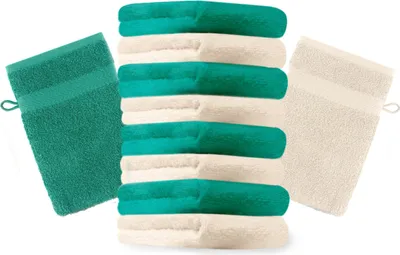Produktbild von Betz 10 Stück Waschhandschuhe 16x21 cm PREMIUM 100% Baumwolle  Farbe: smaragdgrün und beige