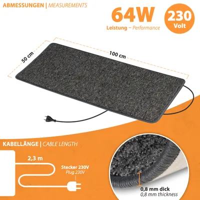 Produktbild von Infrarot Heizteppich Heizmatte 50x100cm Teppichheizung Fußwärme 64 Watt 230V Anthrazit Pro Car