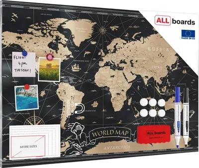 Immagine prodotto di Lavagna magnetica in acciaio MAPPA DEL MONDO NERA VINTAGE CLASSICA STATI E CAPITALI 90x60 cm MetalBoards lastra con stampa adatta per tutti i tipi di calamite + set di accessori GRATIS