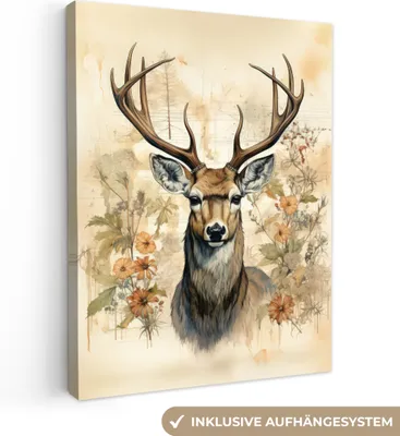 Produktbild von MuchoWow® - Leinwandbilder - Vintage - Hirsch - Rotwild - Blumen - Beige - Tiere - Natur, Wandbild, Wanddeko Bilder Wohnzimmer, 90x120 cm