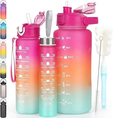 Zdjęcie produktu dla 3-częściowy zestaw szczelnych butelek do picia ze słomką - 2 litry, 700 ml i 300 ml - wolne od BPA z oznaczeniami czasu - czerwone, idealne do jazdy na rowerze, fitnessu i wędrówek na świeżym powietrzu
