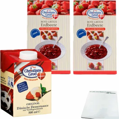 Produktbild von Chr.Grod Grütze Erdbeer (2x500g Packung) & Dessert-Sauce mit Vanillegeschmack (1x500ml) + usy Block