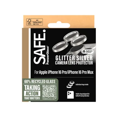 Produktbild von PanzerGlass SAFE. by ® Kameraschutz Glitter Silber iPhone 16 Pro | 16 Pro Max, Apple, Apple - iPhone 16 Pro, Apple - iPhone 16 Pro Max, Trockene Anwendung, Kratzresistent, Schockresistent, Silber, 1 Stück(e)