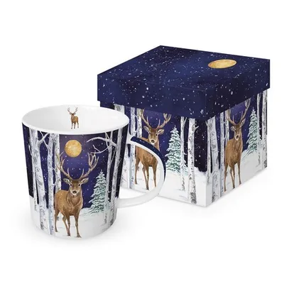 Produktbild von Kaffeebecher Hirsch bei Vollmond, in Geschenkbox, Waldtiere Tier