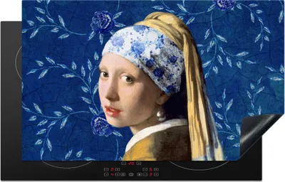 Produktbild von KitchenYeah© Herdabdeckplatte Mädchen mit Perlenohrring - Delfter Blau - Vermeer - Blumen - Gemälde - Alte Meister , 83x51cm, Küche Deko, Glaskeramikkochfeld Herdabdeckung, Abdeckplatte fùr Kochfeld