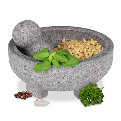 Image de Relaxdays Mortier avec pilon, granit, H x P : 9 x 20 cm, robuste, durable, non poli, mortier en pierre pour épices et herbes, gris