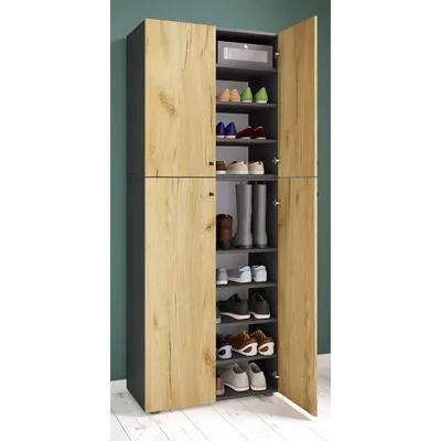 Produktbild von VCM Holz-Schuhschrank | Maße: B. 70 x H. 184 x T. 40 cm | Allzweckschrank | 9 Fächer | 4 Drehtüren - Lona