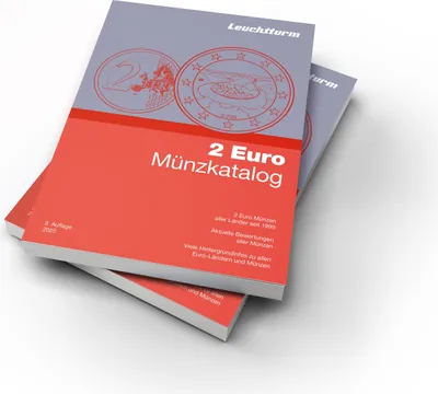 A stack of two books, one on top of the other, with a red and gray cover, displaying information about 2 Euro coins.