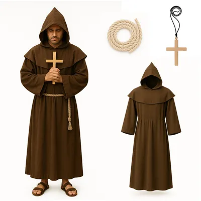 Immagine prodotto di Costume da monaco sacerdote – tonaca da monaco con croce e cappuccio – per carnevale e Halloween – donna e uomo
