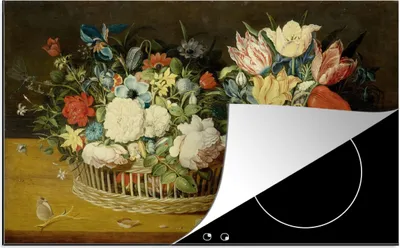 Produktbild von KitchenYeah© Herdabdeckplatte Stilleben mit Blumenkorb und Vase - Gemälde von Osias Beert , 91x52cm, Küche Deko, Glaskeramikkochfeld Herdabdeckung, Abdeckplatte fùr Kochfeld