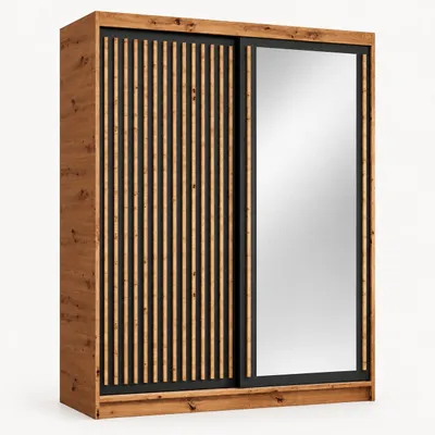 Produktbild von Kleiderschrank 160 cm mit Spiegel DARIO – Schiebetürenschrank, schwarze Türen, Korpus und Lamellen in Artisan Eiche