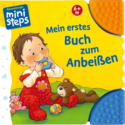 A baby book with illustrations of a baby, a teddy bear, and a piglet.
