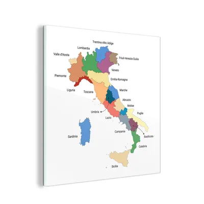 Obrázok produktu pre MuchoWow® Sklenené obrazy - Obrazy na stenu - Foto na skle Mapa - Taliansko - Región 50x50cm Nástenná dekorácia zo skla - akrylový sklenený obraz - akrylové