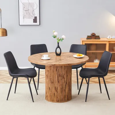 Image de Ensemble de salle à manger 5 pièces avec table ronde de 100 cm de diamètre et 4 chaises en similicuir, ensemble de table haut de gamme aspect bois, ensemble de sièges peu encombrant pour la salle à manger et la cuisine, MDF robuste