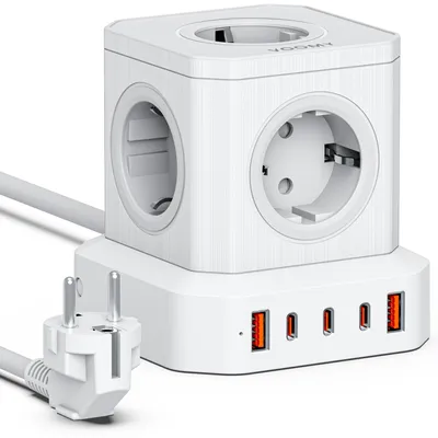 Produktbild von Voomy 10-in-1 Steckdosenleiste 100W USB-C – 4000W – Mehrfachsteckdose 5-Fach– 2M Kabel – Weiß, 2 m, Drinnen, Acrylnitril-Butadien-Styrol (ABS), Polycarbonat (PC), Weiß, CE, ROHS, 5 AC-Ausgänge
