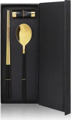 Produktbild von Famanu Essstäbchen und Löffel Edelstahl Geschenkset - Schwarz Gold