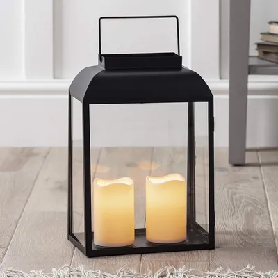 Produktbild von Lights4fun 35cm Metall Laterne Outdoor mit 2 LED Kerzen batteriebetrieb Timer Garten Deko Balkon Schwarz