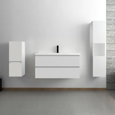 Image de Ensemble Meuble Salle de Bain Suspendu, 3 Éléments MDF avec 2 Colonnes (110 + 80 cm) et 2 Tiroirs, Meuble 99cm avec Lavabo, Blanc