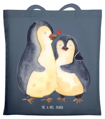Produktbild von Mr. & Mrs. Panda canvas tasche Pinguine Einschlafen - Indigo Blue - Geschenk, Einkaufstasche, Hochzeitstag, für Freundin, Valentinstag, Frauen, Jutetasche, Männer