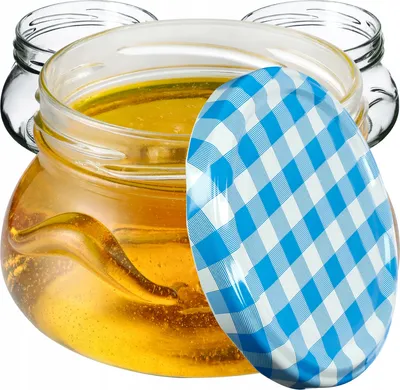 Obrázek produktu pro KADAX zavařovací sklenice s víčkem "Raja", zavařovací sklenice, 300 ml, 100 kusů, víčko s modrým kostkovaným vzorem