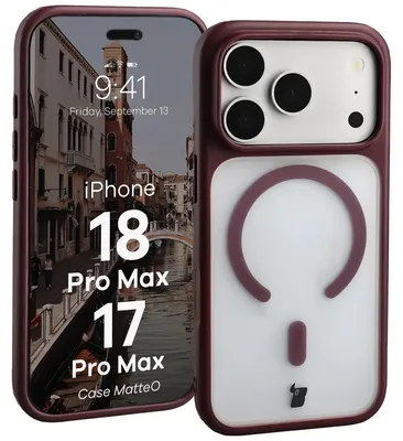 Produktbild von Handyhülle mit Magnetring für iPhone 18 Pro Max / 17 Pro Max, Bizon Case MatteO, Semitransparent mit burgunderrotem Rahmen