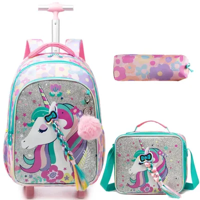 Immagine prodotto di Trolley zaino con ruote, set da 3 pezzi, tema unicorno, per bambine, capacità 24 litri