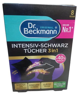 Obrázek produktu pro Sada 8 kusů vlhkých ubrousků Dr. Beckmann 3v1 pro péči o tmavé oblečení