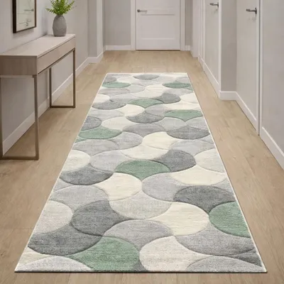 Immagine prodotto di Tappeto di design grigio, verde e crema con struttura a rilievo - Dimensioni: 80 x 300 cm