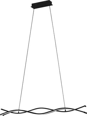 A black pendant light fixture with a modern, twisted design, suspended by thin wires from a rectangular ceiling mount.