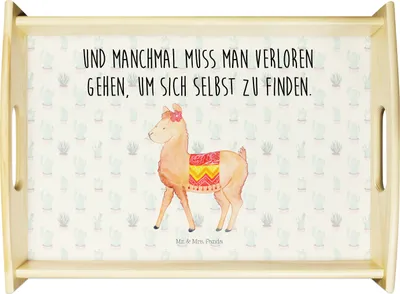 Produktbild von Mr. & Mrs. Panda tablett holz Alpaka Stolz - Kaktus Grün - Geschenk, Küchentablett, Sofa, Holztablett, Lama, Serviertablett, Dekotablett