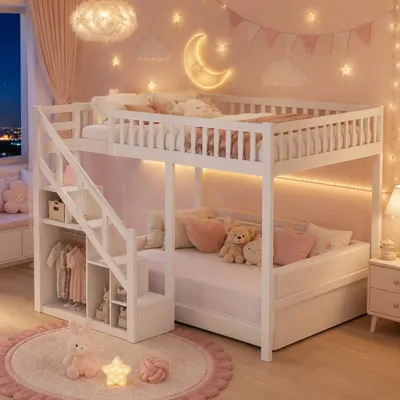 Immagine prodotto di Letto a castello INONEFT, 90x200 cm, con protezioni laterali, letto a castello singolo con scaletta e spazio contenitivo, letto per bambini/ragazzi, struttura in legno massello con rete a doghe, colore bianco, productTiles.product.images.aiGenerated