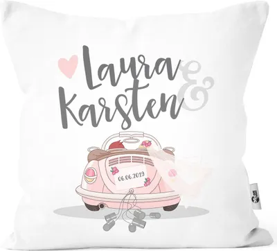Produktbild von personalisierbare Kissen-Hülle zur Hochzeit,Hochzeitskissen Auto Hochzeitsgeschenk Geldgeschenk Kissenhülle mit Schleife Moonworks® weiß 40cm x 40cm