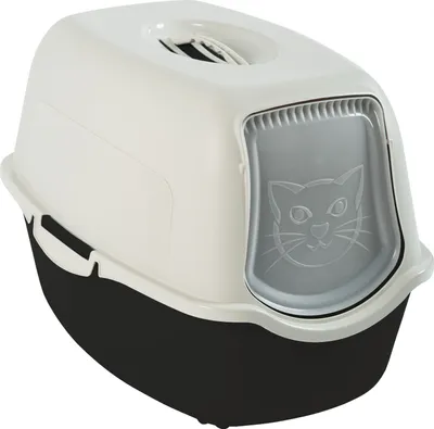 A white and black enclosed cat litter box with a gray swing door featuring a cat face embossed on it.