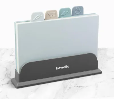 Produktbild von Bewello – 4-teiliges Schneidebrett-Set – Schneidebrett-Set mit Halter – Kunststoff-Schneidebrett