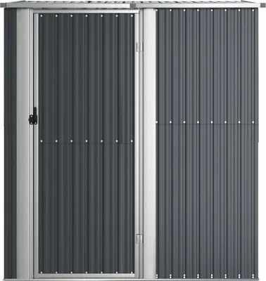 A front view of a dark gray metal storage shed with a silver door frame and handle.