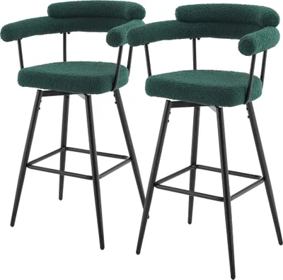 Obrázek produktu pro ML-Design Barové židle otočné, sada 2 ks, tmavě zelená plyšová látka, výška 76 cm, barové židle, kuchyňské židle s područkami a opěrkou zad, otočné židle o 360° s opěrkou nohou