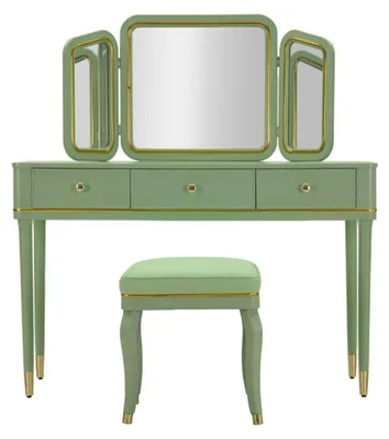 Produktbild von Schminktisch aus Holz in Grün mit goldenen Details und Hocker CM 120X37X79-104X2,5X56-44X34X48
