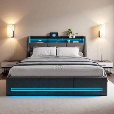 Produktbild von INONEFT Polsterbett 140x190 mit LED Beleuchtungmit, Boxspringbett mit Hydraulisches Bettkasten, Jugendbett mit Stauraum Kopfteil, Leinen, Grau