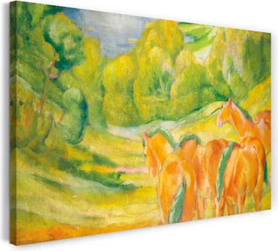Produktbild von Leinwandbild (80x60cm): Franz Marc - Grosse Landschaft I (1909), echter Holz-Keilrahmen inkl. Aufhänger, handgefertigt in Deutschland