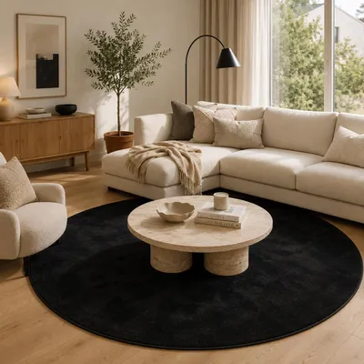 Produktbild von Luxus Super Soft Hochflor Teppich Melia Schwarz Rund, Größe:160 cm Rund