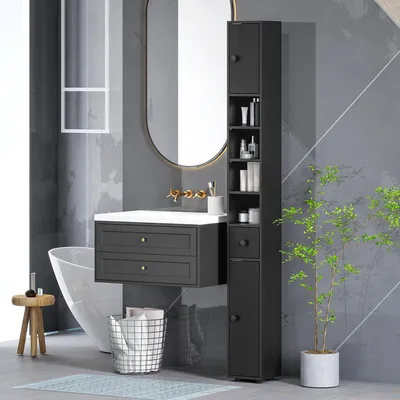 Produktbild von Schmaler Badezimmerschrank mit offenen Fächern, 20x20x180 cm, Schwarz
