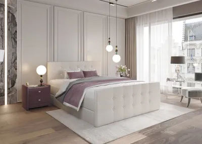 A bedroom scene featuring a large bed, nightstand, and window with a city view.