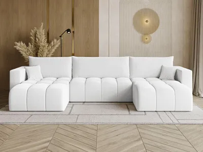 Produktbild von GrainGold Ecksofa U-Form Neva - Ecksofa mit Schlaffunktion, Bettkasten - Moderne Ecksofa, Wohnzimmer Sofa - Eckcouch mit Bouclé -Stoff - Weiß (Quelle 01)