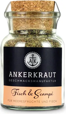A glass jar of seasoning with a cork lid.