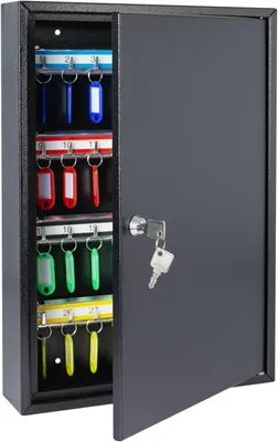 Image de Armoire à clés en acier, avec serrure et 64 crochets, dimensions : 45 x 30 x 8 cm, couleur noire