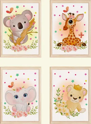 Produktbild von Niedliche Tiere Bilder 4er Set DIN A4 Kinderzimmer Wandbilder Babyzimmer Poster Dekoration - Koala Giraffe Elefant Tiger